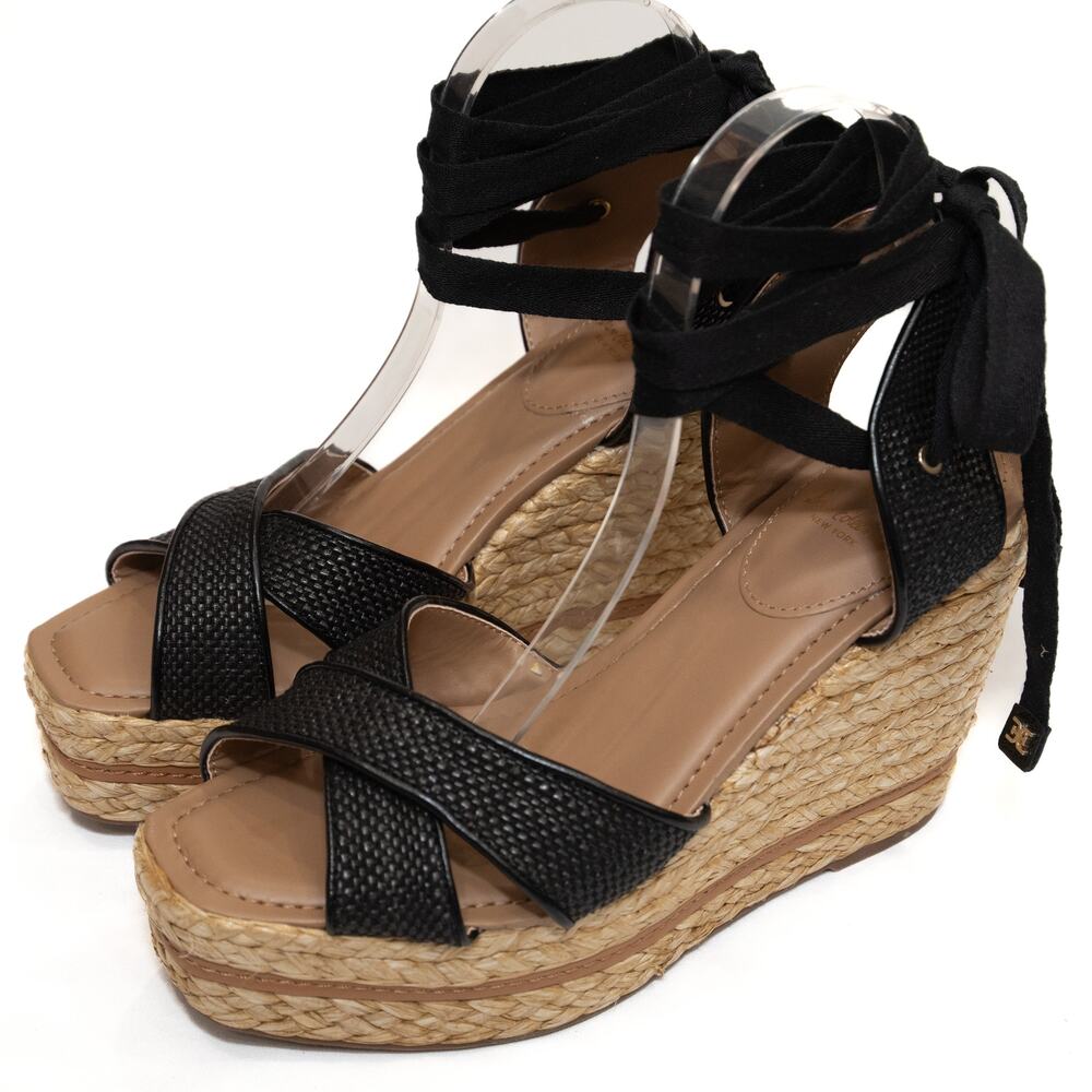 New Sam Edelman Black Strappy Vaughn Espadrille Wedge Sandals Size 10
